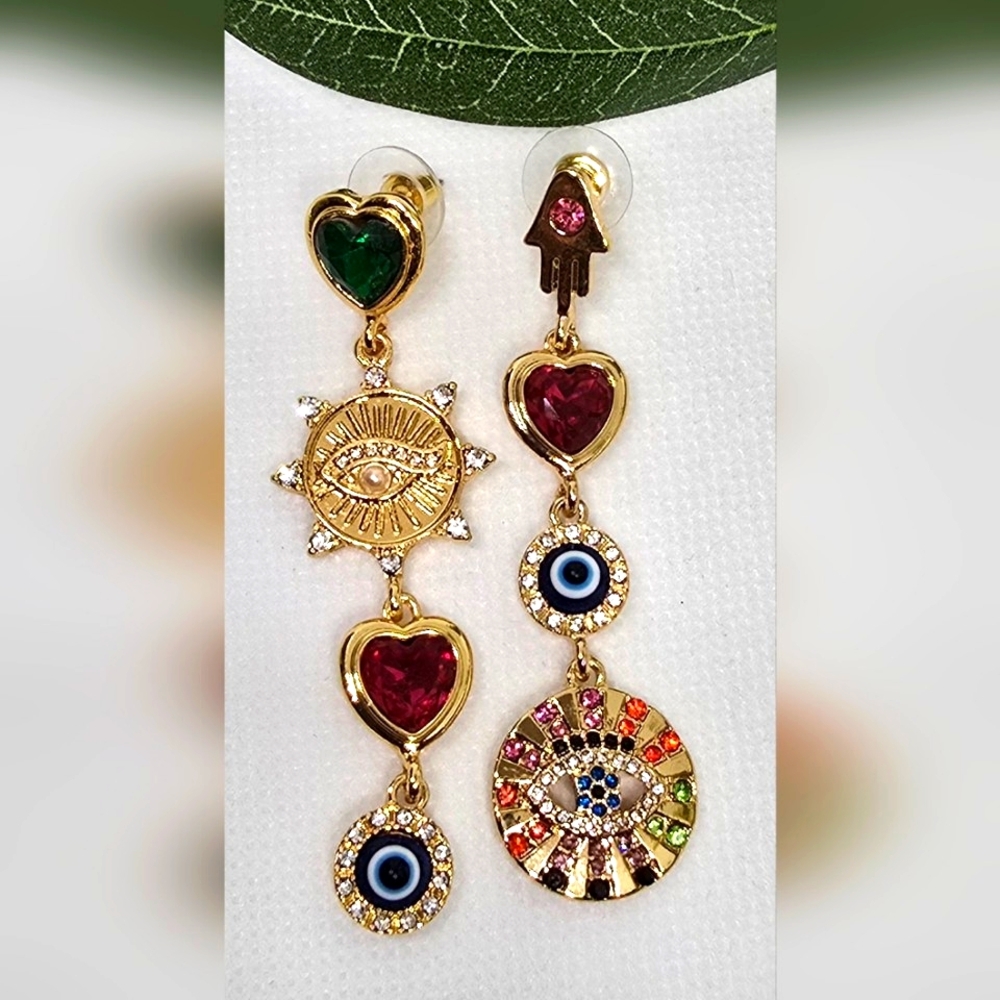 Evil Eye Mismatched Colorful Charm Dangle Enamel, Rhinestone Earrings